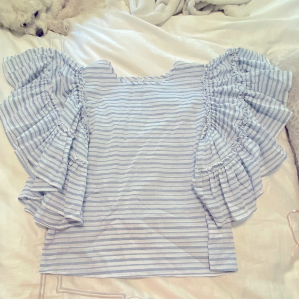 Mudpie blue and white striped seersucker ruffle puff sleeve top